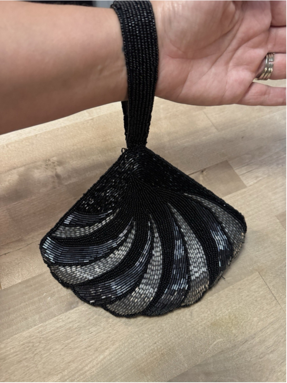 La Regale Handmade Vintage Black Silver Beaded Wristlet Clutch Bag Purse